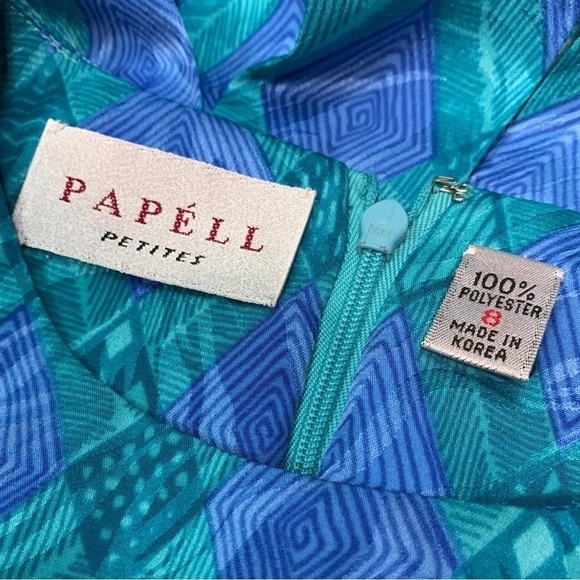 Vtg 80s Papell Petites Checkered Print Pleated Dress Teal Green Purple Size 8P - Picture 6 of 7